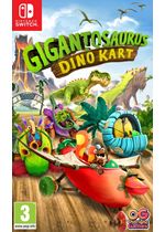 Colorful video game cover featuring cartoon dinosaurs racing in karts, with a vibrant jungle background and the title "Gigantosaurus: Dino Kart" prominently displayed at the top.