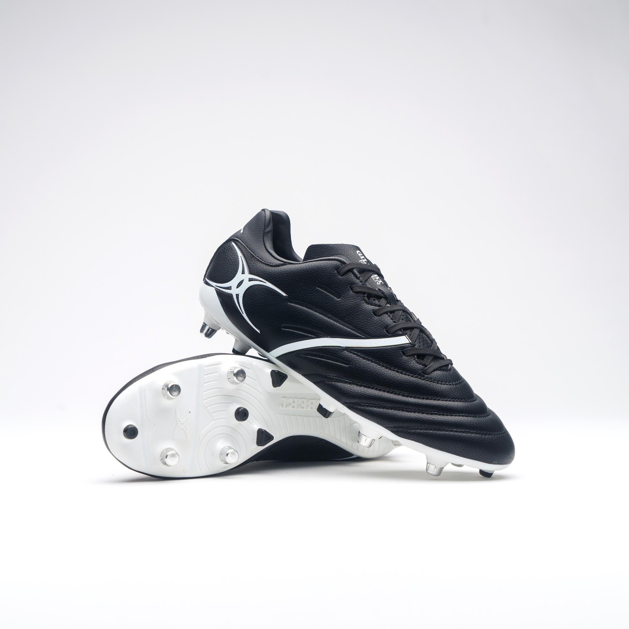 Black Gilbert Sidestep X20 Power 6S rugby boots featuring a sleek design, textured upper, and white detailing, with a durable sole equipped for traction on the field.