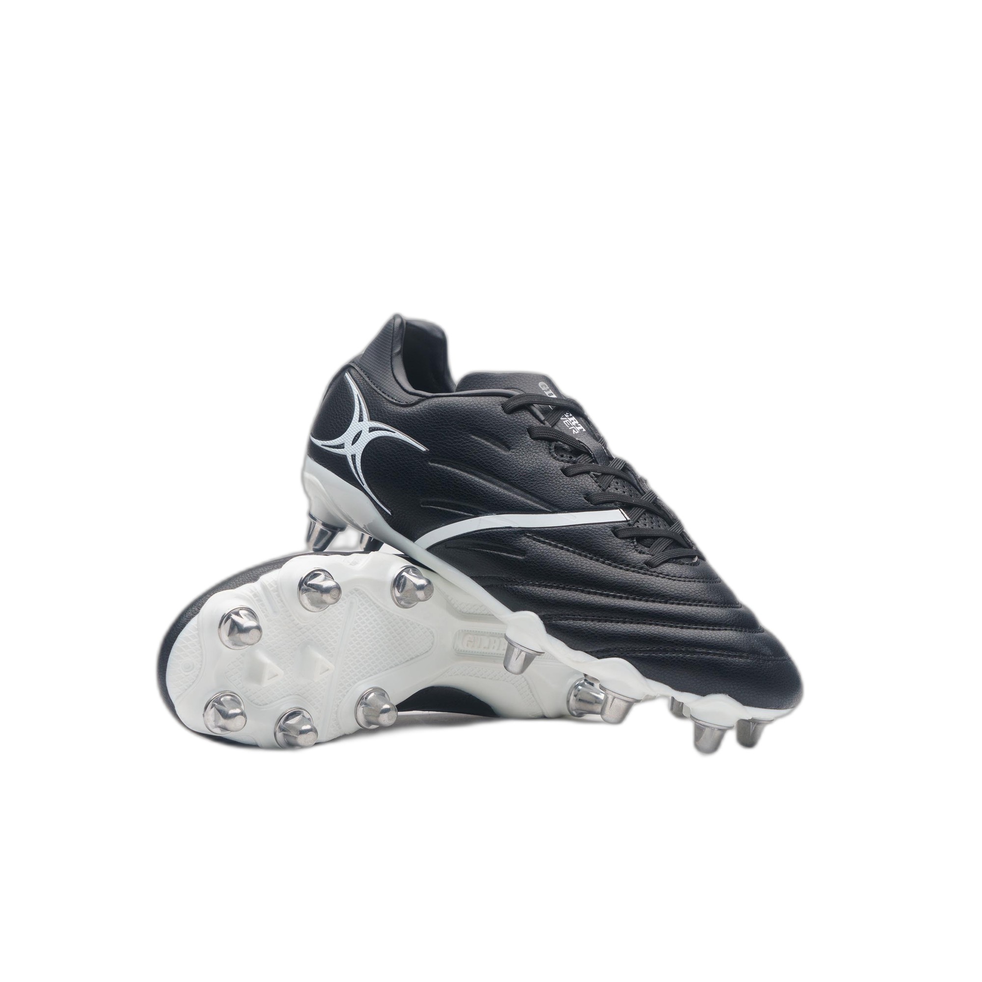 Black Gilbert Sidestep X20 Power 8S rugby boots featuring a sleek design, white detailing, and a molded sole with silver studs for traction on the field.