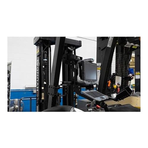 Black 11-inch device mount by Gamber-Johnson, made of sturdy material, securely attached to a forklift, holding a tablet and keyboard for easy access.