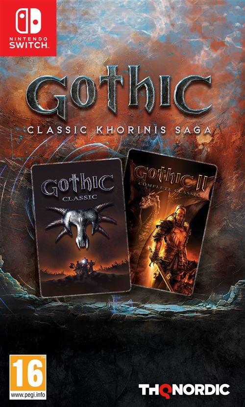 Gothic Classic Khorinis Saga for Nintendo Switch features a dark, dramatic cover with a metallic logo, showcasing artwork from Gothic and Gothic II, along with the THQ Nordic branding.