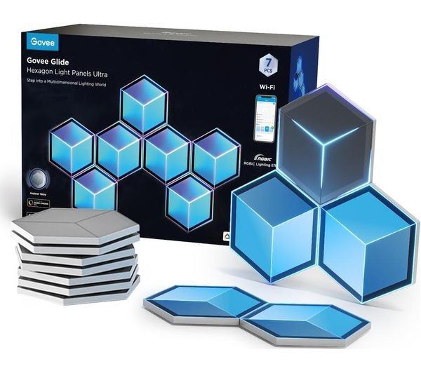 Seven grey hexagon light panels with blue LED accents, designed for customizable wall displays, accompanied by a box featuring a smartphone app for control.