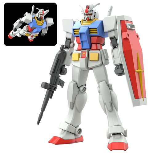 Gundam RX-78-2 model kit features a white and blue armored figure with red accents, holding a black rifle and a red shield, showcasing articulated joints and detailed design.
