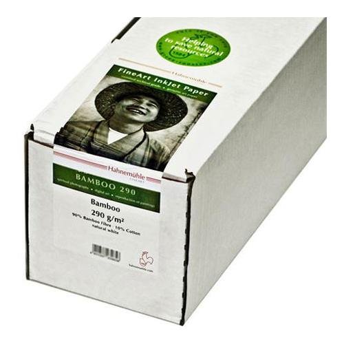 White box containing Hahnemühle Bamboo FineArt inkjet paper, 44 inches wide, 12 meters long, 290gsm, featuring a green and pink label with a portrait and product details.