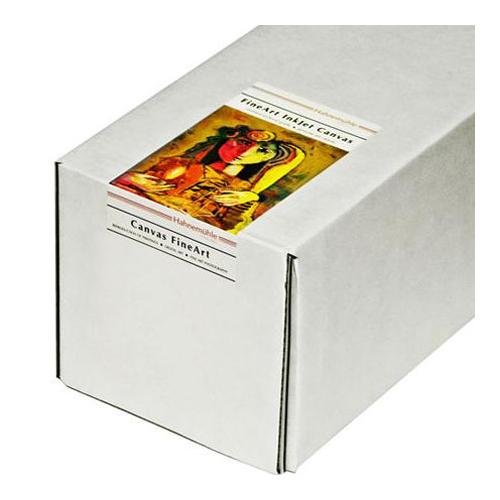White cardboard box containing Hahnemühle Daguerre Canvas, labeled with colorful artwork and product details, measuring 24 inches by 12 meters, designed for fine art printing.