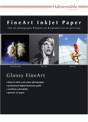 Hahnemuehle Fine Art Pearl paper package featuring a glossy finish, with text highlighting its use for fine art photography and digital art, showcasing three artistic images.