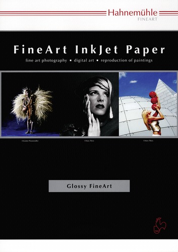 Hahnemuhle Fine Art Pearl 285 packaging featuring glossy fine art inkjet paper, labeled with product details and dimensions, set against a dark background.