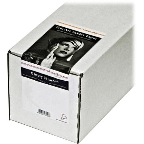 White box containing Hahnemühle FineArt Baryta inkjet paper, featuring a glossy finish, labeled with a black and white image of a woman, dimensions 44 inches by 12 meters, 325gsm weight.