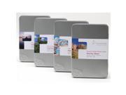 Hahnemühle Museum Etching paper pack, featuring four gray metal tins, each labeled with a different image and product details, containing 30 sheets of 10cm x 15cm textured paper.