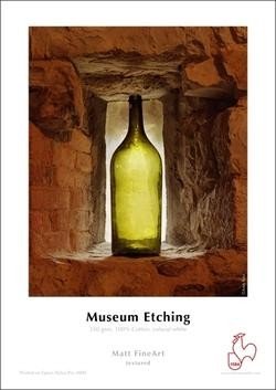 A textured, cream-colored paper featuring a green glass bottle illuminated against a stone wall, with "Museum Etching" and "Matt FineArt" printed at the bottom.