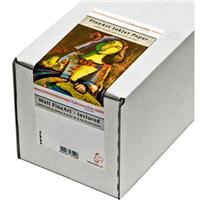White box containing Hahnemuehle Torchon fine art paper, featuring a colorful label with an artwork image, indicating 44 inches wide, 12 meters long, and 285gsm weight.