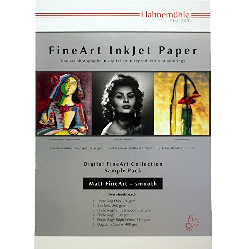 Hahnemühle Sample Pack featuring 12 smooth, matte fine art sheets, showcasing a sleek design with a gray background and colorful artwork examples on the front.