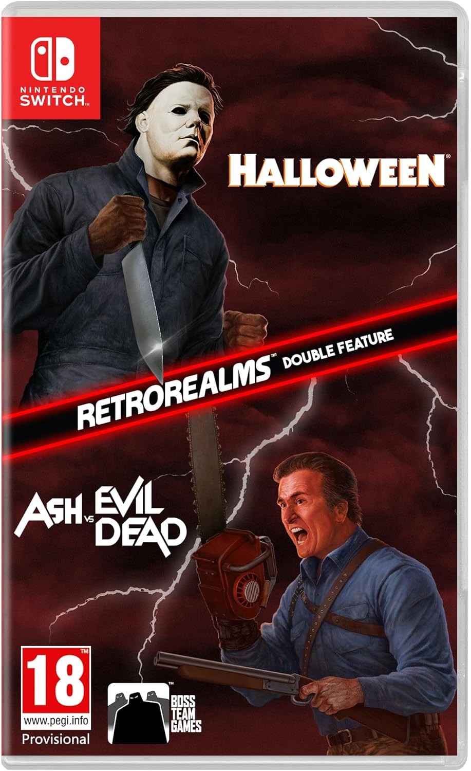 Halloween and Ash Vs Evil Dead RetroRealms Double Feature for Switch features a dark, stormy background with iconic characters, one wearing a mask and the other wielding a chainsaw.
