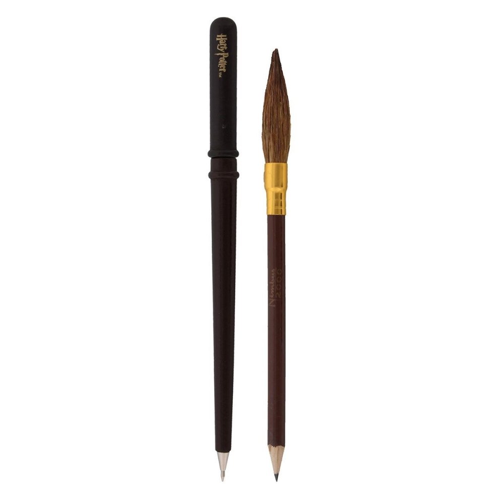 Black wand-shaped pen and a brown pencil resembling a broomstick, both featuring gold accents and "Harry Potter" branding.