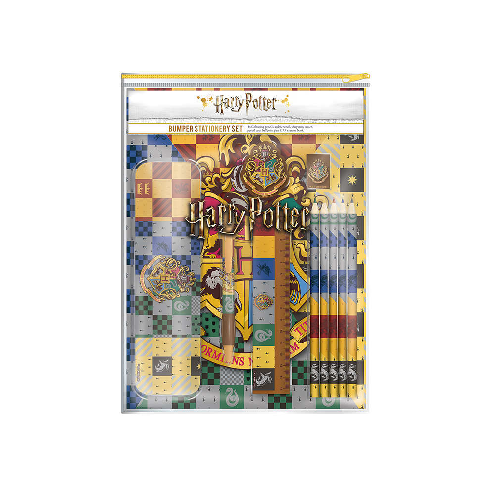 Colorful Harry Potter Bumper Stationery Set featuring a Hogwarts crest, patterned papers, pencils, and other supplies in shades of yellow, blue, and green, all in a clear plastic case.