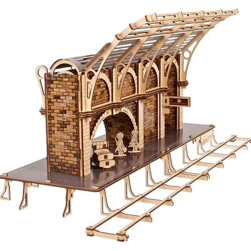 Wooden Platform 9 puzzle featuring intricate brickwork, arched roof, and two figures, with a track and platform base in natural wood tones.