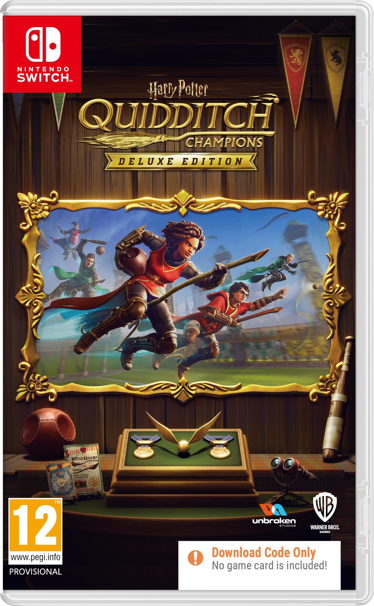 Warner Brothers Harry Potter: Quidditch Champions Deluxe Edition for Nintendo Switch, featuring vibrant artwork of players on broomsticks, a wooden background, and a download code label.