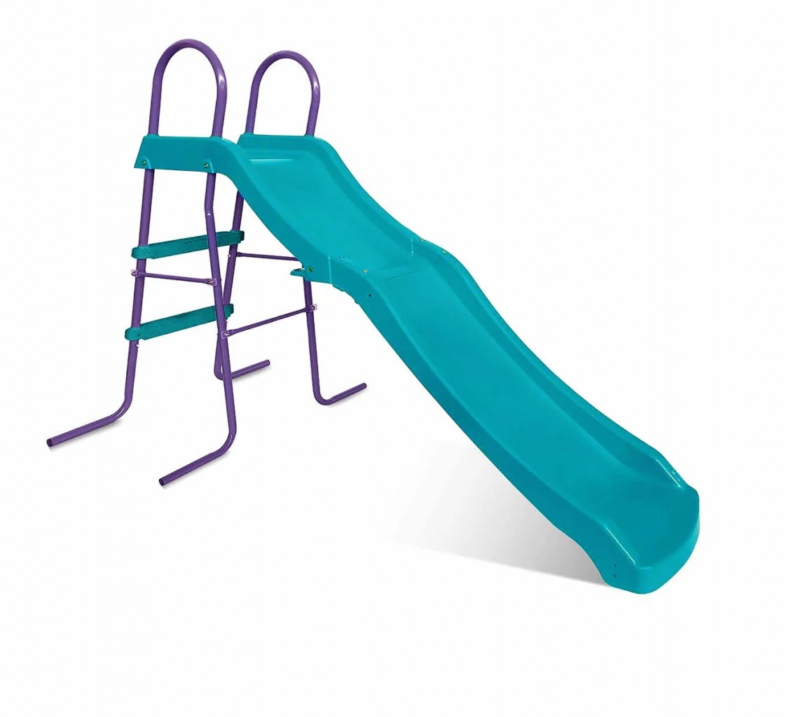 Teal plastic slide with purple metal frame and ladder, measuring 178 x 81 x 123 cm, designed for children's outdoor play.