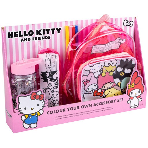 A pink craft set featuring a clear bag, coloring markers, a water bottle, and a lunchbox adorned with Hello Kitty and friends characters, designed for creative customization.