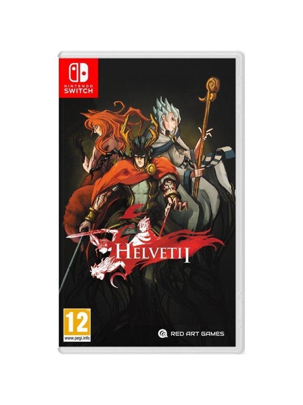 Cover art for "Helvetii - Switch" featuring three characters: a warrior in armor, a woman with red hair, and a figure with blue hair, against a dark background, with bold red lettering.