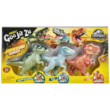 Three colorful dinosaur figures in a pack, featuring a green Gigantosaurus, a blue dinosaur, and an orange T-Rex, all made of stretchy, squishy material with unique textures.