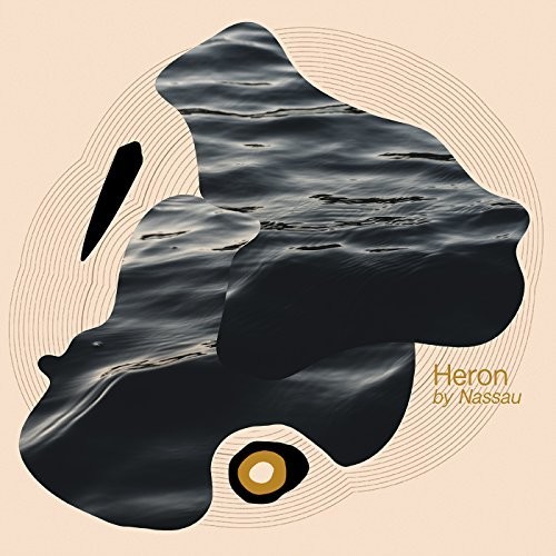 Abstract design featuring dark, wavy shapes resembling water, with subtle ripples and a golden circular accent, representing the "Heron" by cottages.com.