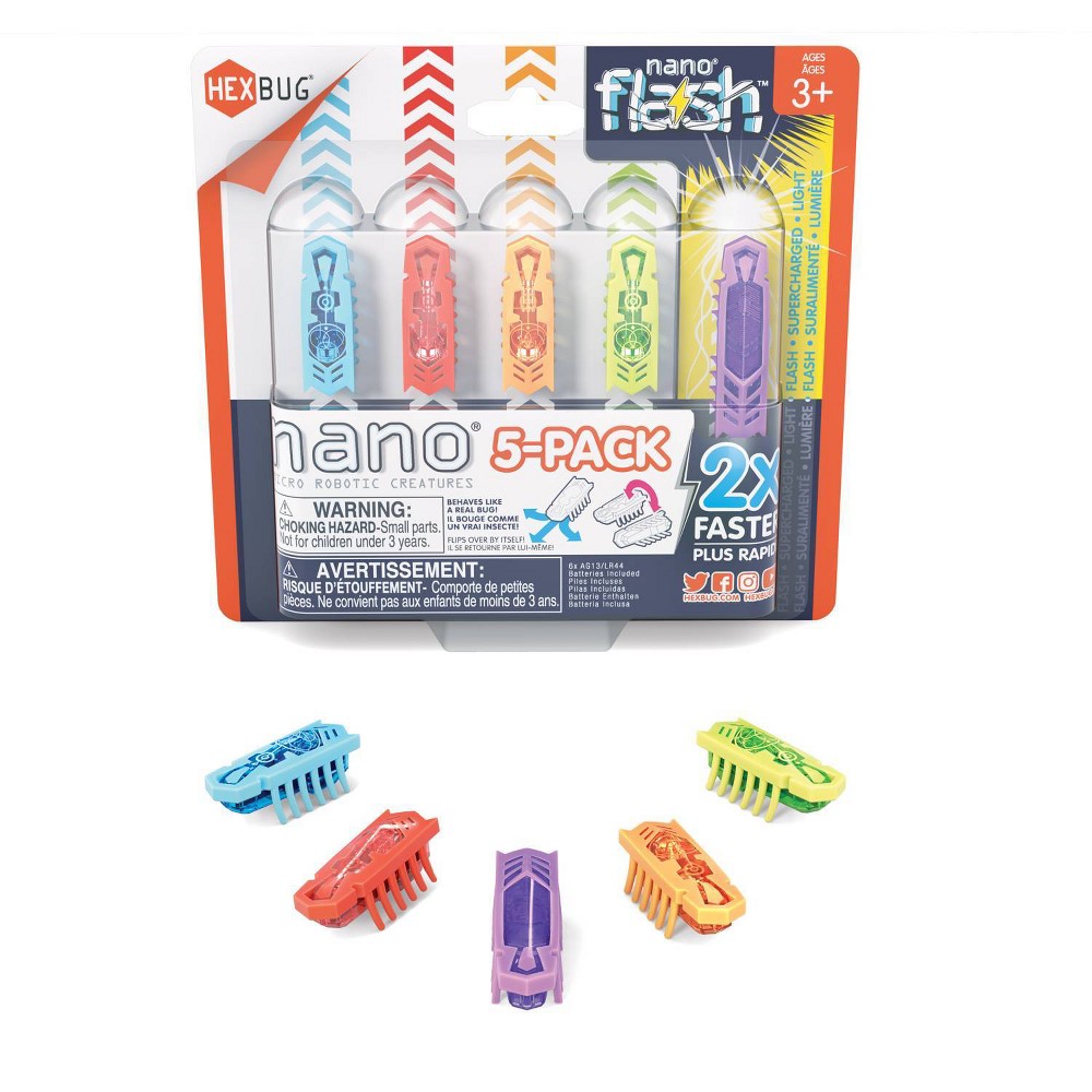 Five brightly colored Hexbug Nano Flash robotic creatures in a variety of hues, packaged in a clear plastic blister with a colorful backing, showcasing their unique designs and features.