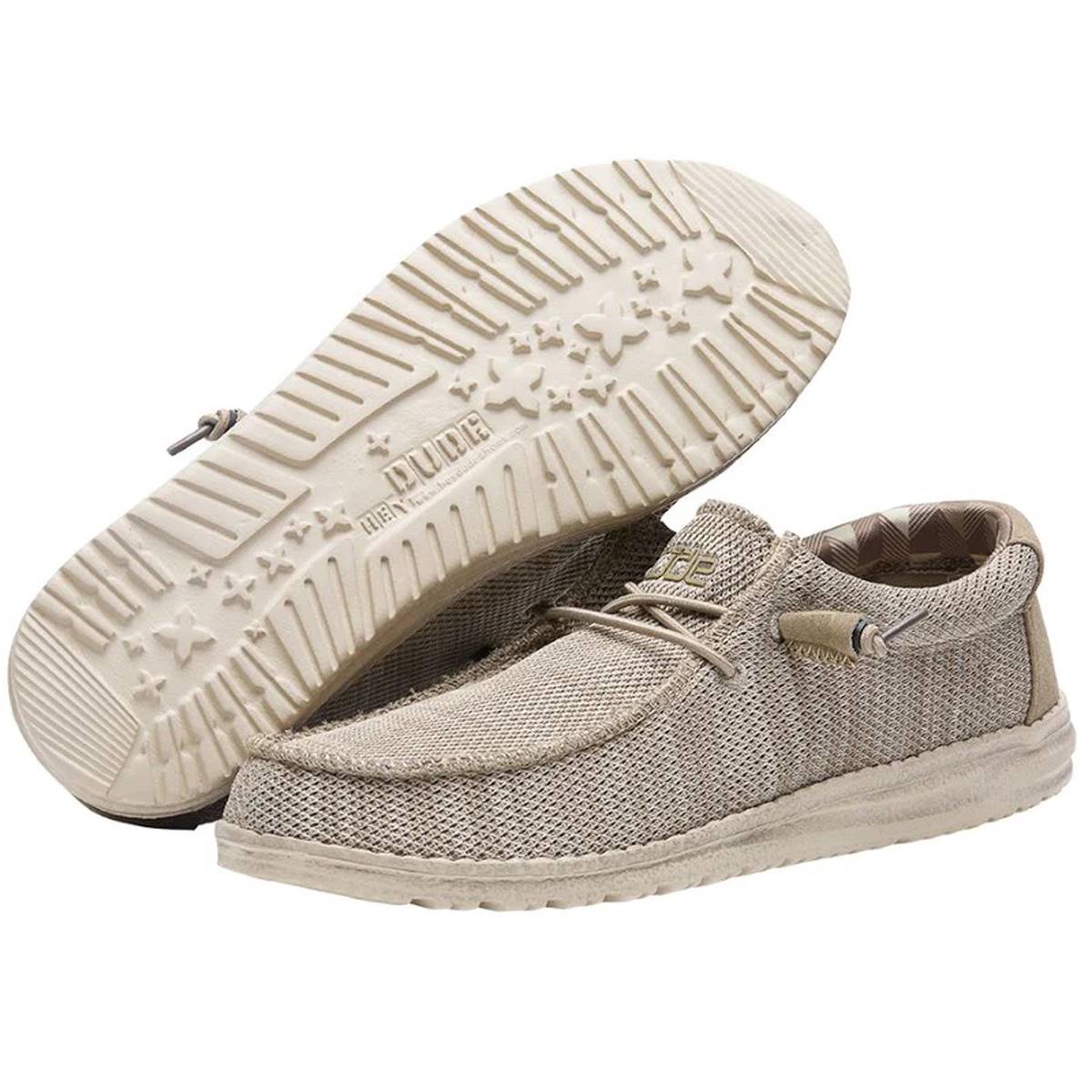 Beige HEYDUDE Men's Wally Sox Shoe featuring a breathable mesh upper, slip-on design, and a textured rubber sole for comfort and style.