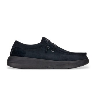 Black suede HEYDUDE Men's Wally X shoes featuring a lace-up design, a rounded toe, and a cushioned sole for comfort.