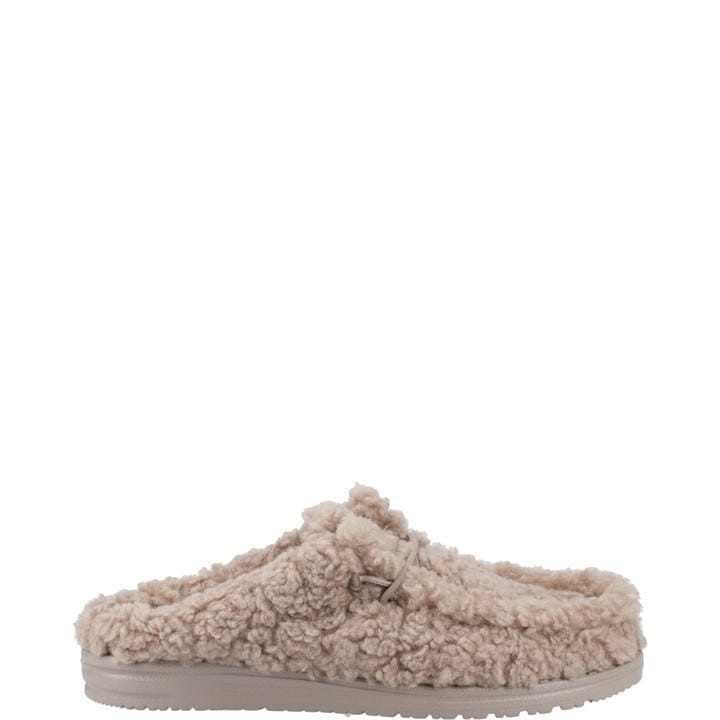 Brown, fluffy slipper made of soft, textured material with a cozy design, featuring a simple strap detail and a light-colored sole, size 7.