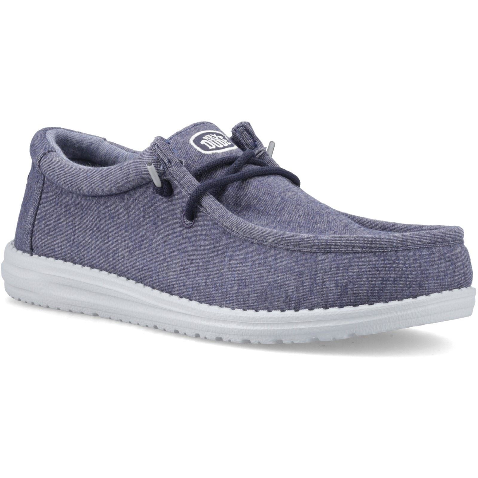 Navy blue slip-on shoes made of stretch jersey material, featuring a soft fabric upper, white rubber sole, and lace-up design with a logo on the tongue.