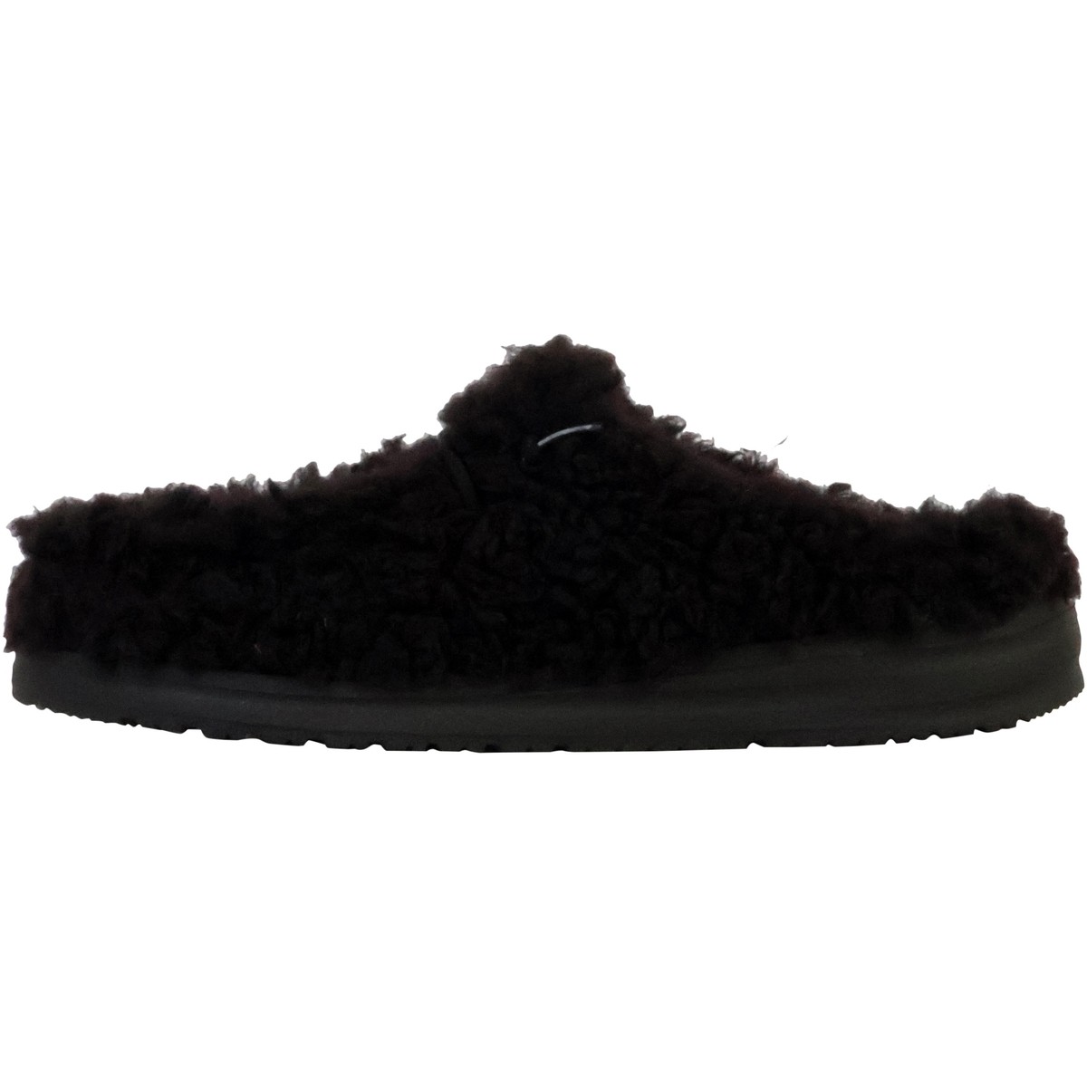 Black HEYDUDE Wendy Slipper featuring a soft, fluffy exterior, a slip-on design, and a cushioned black sole for comfort and style.