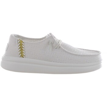 White canvas slip-on shoes for women by HEYDUDE, featuring a textured upper, decorative stitching, and a lightweight, flexible sole.