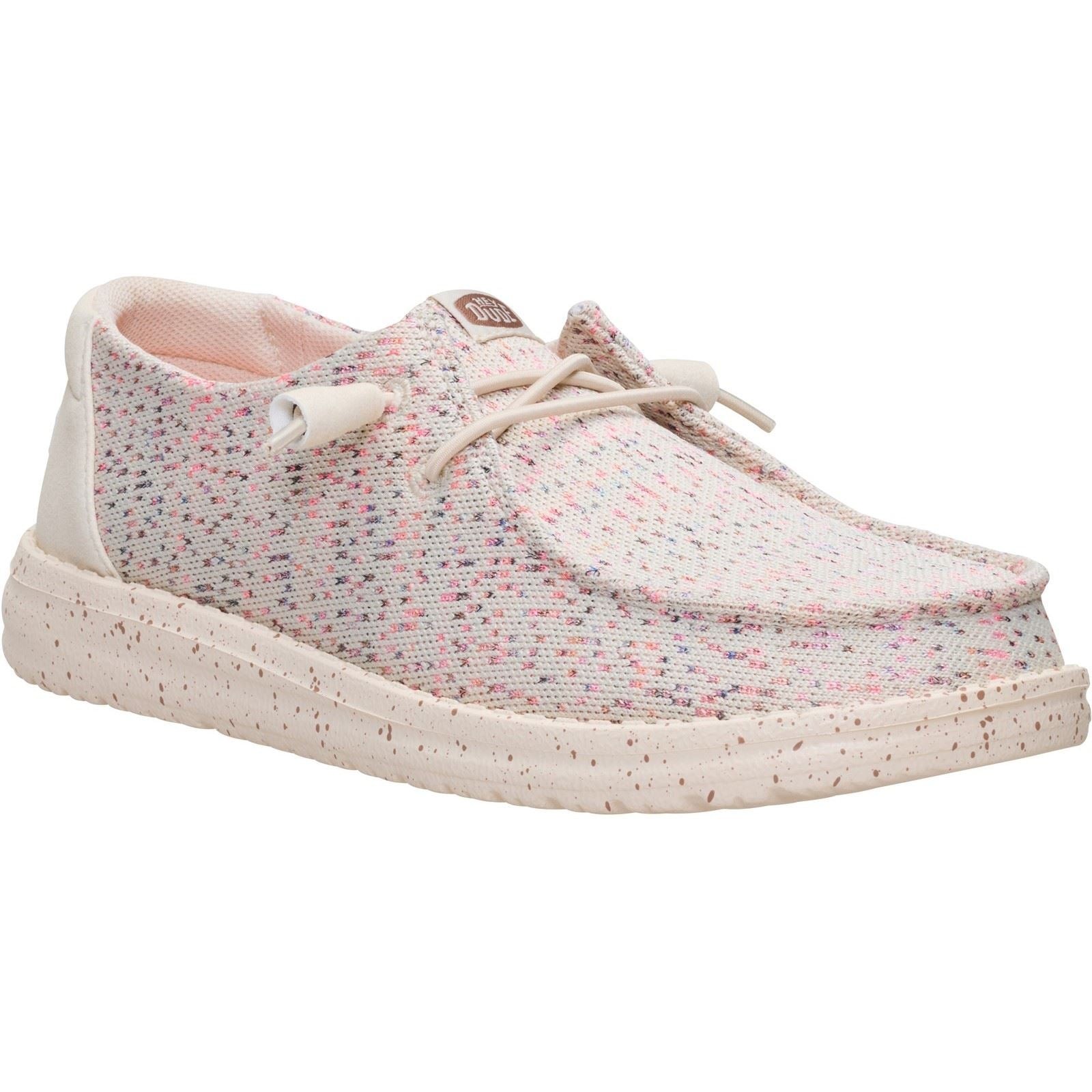 Taupe and multi-colored stretch polyester loafers with a textured knit upper, cream laces, and a speckled beige sole, designed for women's comfort and style.