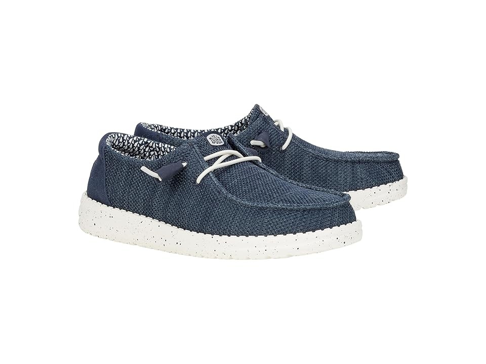 Navy blue Heydude Women's Wendy Stretch Sox Shoes, size 6, featuring a textured upper, white laces, and a speckled white sole.