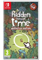Colorful game cover featuring whimsical illustrations of a forest scene, with a circular search area and a hand cursor pointing at a hidden character, labeled "Hidden Through Time: Definitive Edition."