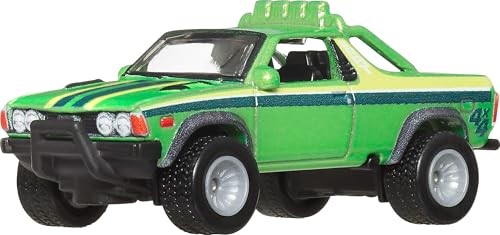 Bright green and yellow die-cast Subaru B.R.A.T with black accents, oversized tires, and a roof rack, featuring "4x4" decals on the sides.