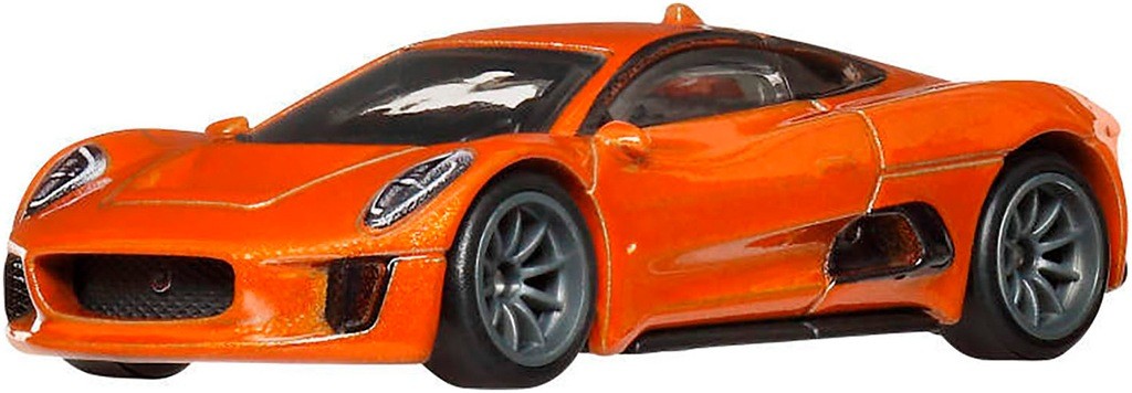 Bright orange Hot Wheels car with sleek design, detailed front grille, and silver alloy wheels, part of a premium pack featuring Jaguar and Aston Martin DB10 models.