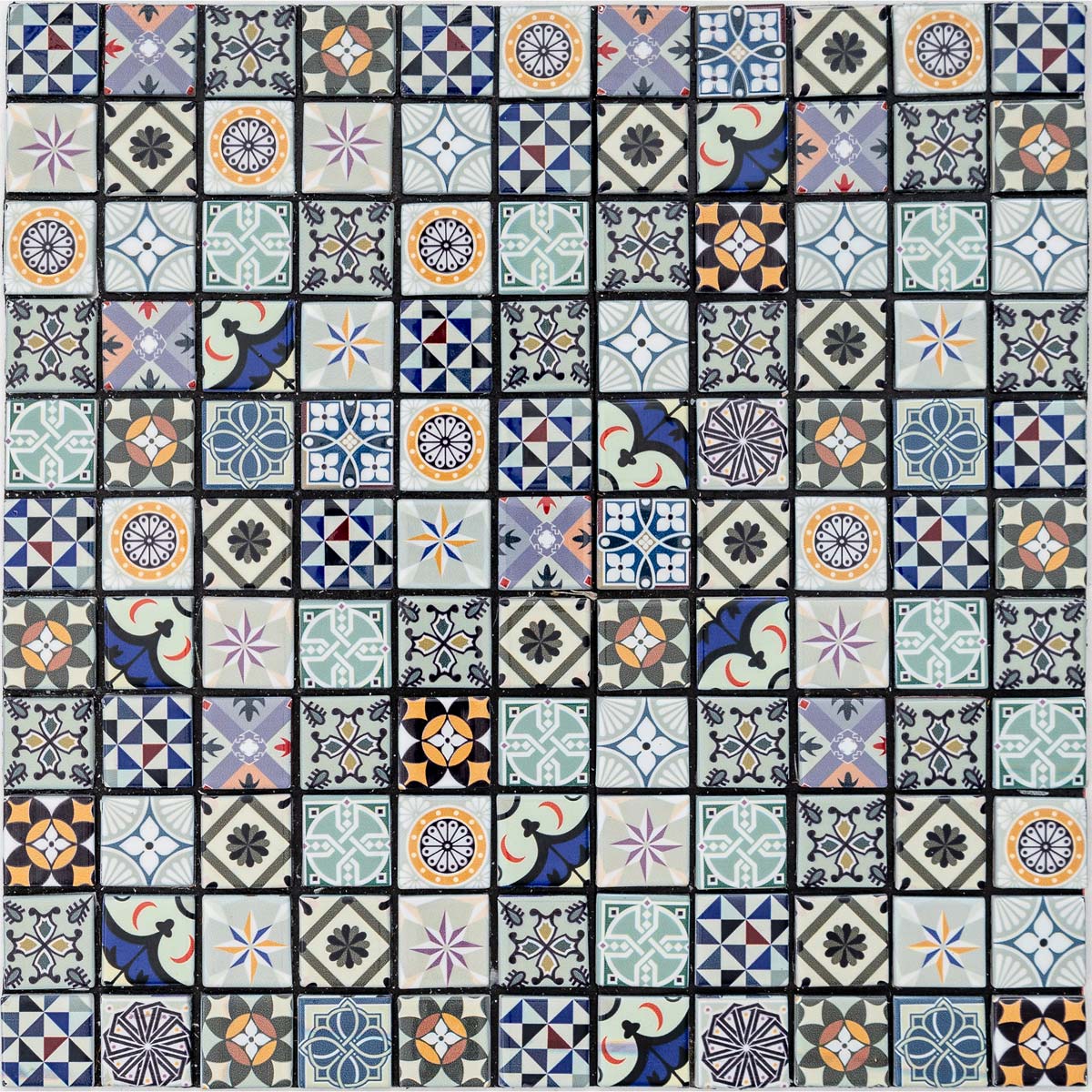 Bright, self-adhesive mosaic tiles featuring a variety of geometric Moroccan patterns in blue, green, orange, and white, arranged in a 0.09m² grid.