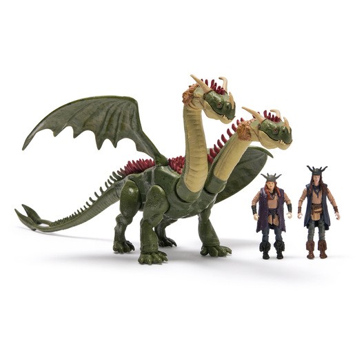 Two-headed dragon figure in green with red spikes, accompanied by two small figures wearing dark clothing and horned headgear, showcasing detailed sculpting and articulation.