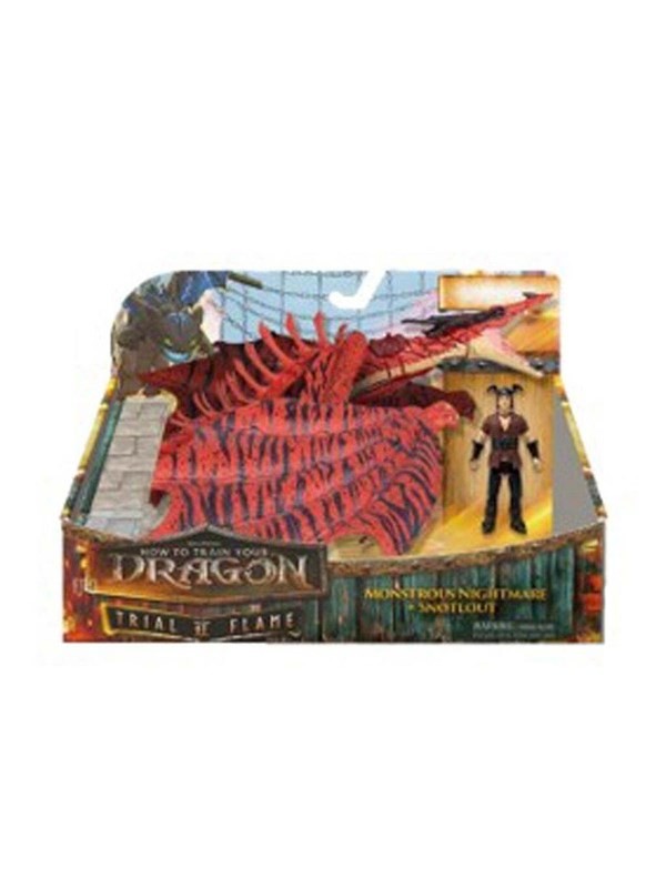 Monstrous Nightmare dragon figure in vibrant red and black, alongside a Snotlout action figure, both packaged in a colorful box featuring dragon-themed graphics.