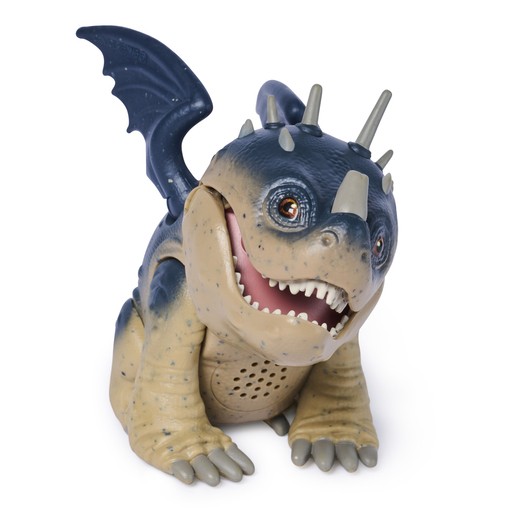 A blue and tan Gronkle figure with large eyes, spiky back, and small wings, featuring a roaring mouth and textured skin, made of durable plastic.
