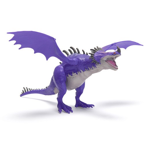 Purple Skrill dragon figure with large wings, sharp spines, and an open mouth, showcasing detailed scales and a fierce expression, made of durable plastic.