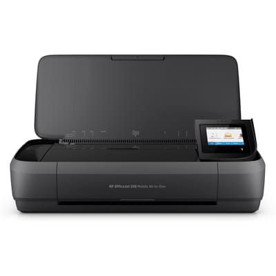 Compact black HP OfficeJet 250 printer with a sleek design, a flip-top lid, and a color touchscreen display for easy navigation and wireless printing capabilities.