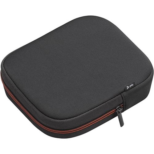 Black, padded case with a smooth exterior and orange zipper, designed to protect the HP Poly Voyager Focus 2 headset, featuring a compact, square shape.