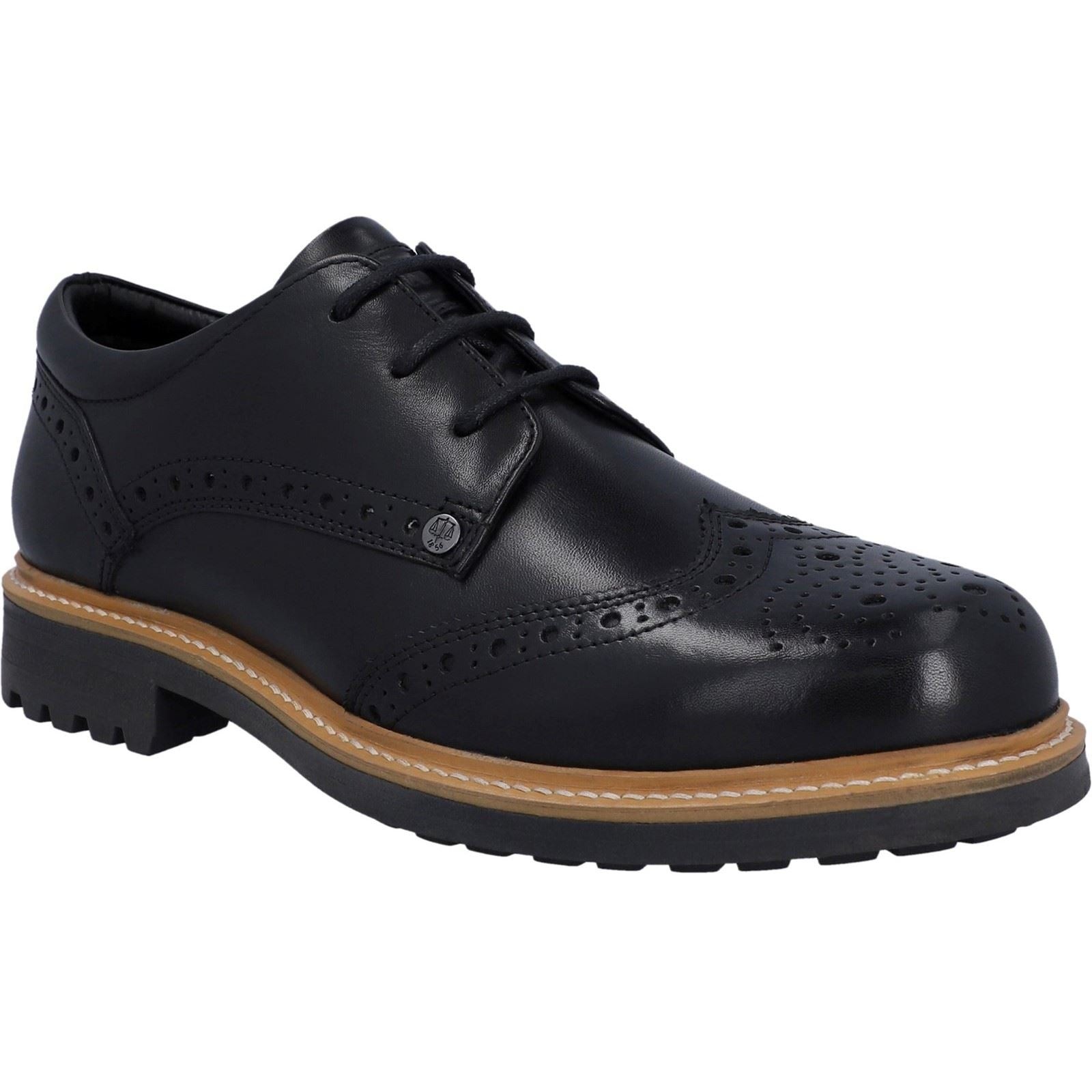 Black leather brogue Gibson shoes featuring intricate perforated detailing, a sturdy rubber sole, and classic lace-up design, ideal for stylish and comfortable wear.