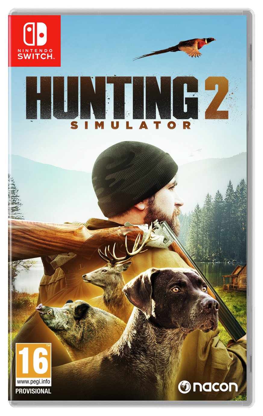 Cover art for "Hunting Simulator 2" on Nintendo Switch features a man with a rifle, a dog, and various animals, set against a forested backdrop with a lake.