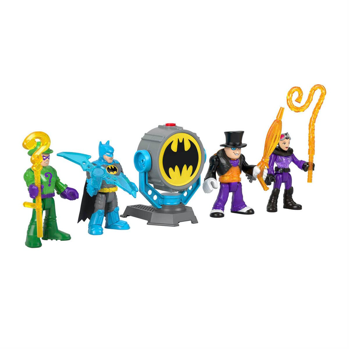 Five colorful action figures from the Imaginext DC Super Friends series, including Batman in blue and black, The Riddler in green, and The Penguin with an umbrella, alongside a Bat-Signal.