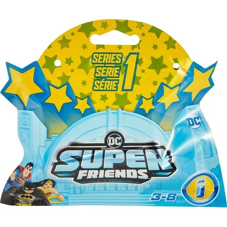 Brightly colored packaging featuring blue and yellow with stars, displaying "DC Super Friends" logo, and images of popular DC characters, suitable for ages 3-8.