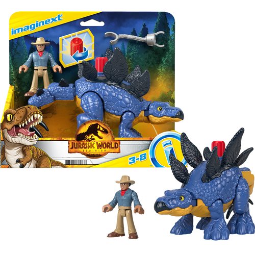 Blue Stegosaurus toy with spiked back and movable parts, accompanied by a Dr. Grant figure in a tan hat and beige outfit, displayed on a colorful Jurassic World packaging.